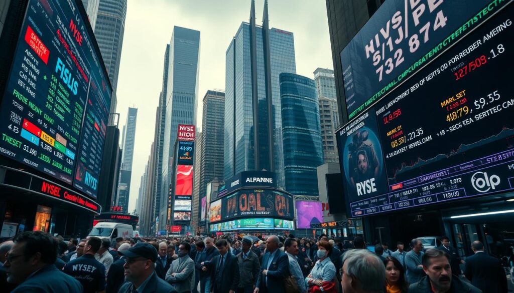 A vibrant, dynamic cityscape with towering skyscrapers and bustling streets. In the foreground, a large digital display board showcases fluctuating stock prices and market indices, reflecting the impact of Jerome Powell's recent statements. The midground features a crowd of anxious investors and traders, their expressions tense as they monitor the shifting financial landscape. The background is illuminated by a moody, cinematic lighting, creating a sense of urgency and high-stakes decision-making. The overall scene conveys the profound influence of central bank policies on global financial markets. A vibrant, dynamic cityscape with towering skyscrapers and bustling streets. In the foreground, a large digital display board showcases fluctuating stock prices and market indices, reflecting the impact of Jerome Powell's recent statements. The midground features a crowd of anxious investors and traders, their expressions tense as they monitor the shifting financial landscape. The background is illuminated by a moody, cinematic lighting, creating a sense of urgency and high-stakes decision-making. The overall scene conveys the profound influence of central bank policies on global financial markets.