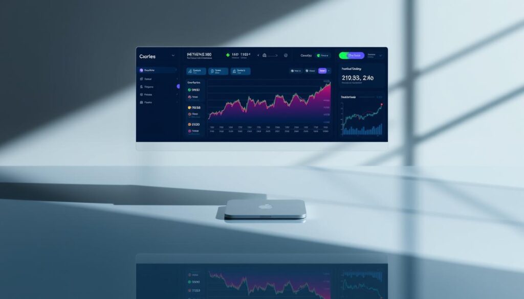 A sleek, minimalist financial dashboard hovers above a polished, reflective surface, showcasing advanced capital management techniques. Vibrant yet muted color schemes, clean typography, and intuitive data visualizations create an air of professionalism and control. Subtle lighting casts dramatic shadows, emphasizing the precision and sophistication of the financial tools. The scene conveys a sense of mastery over complex financial strategies, inspiring confidence in the viewer's ability to navigate the challenges of trading with skill and poise. إدارة رأس المال في التداول
