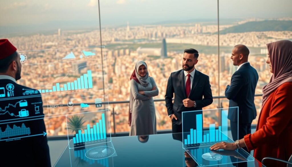 A vibrant financial landscape showcasing successful capital management models from Morocco and the Arab world. In the foreground, a sleek, modern office setting with stylized graphs, charts, and analytical tools displayed on holographic screens. In the middle ground, confident business leaders in traditional and contemporary attire, engaged in thoughtful discussions. The background features a breathtaking panoramic view of bustling cityscapes, reflecting the dynamic economic growth and innovation of the region. Warm, diffused lighting creates a sense of optimism and prosperity, while a subtle depth of field emphasizes the collaborative, data-driven approach to financial decision-making. إدارة رأس المال في التداول